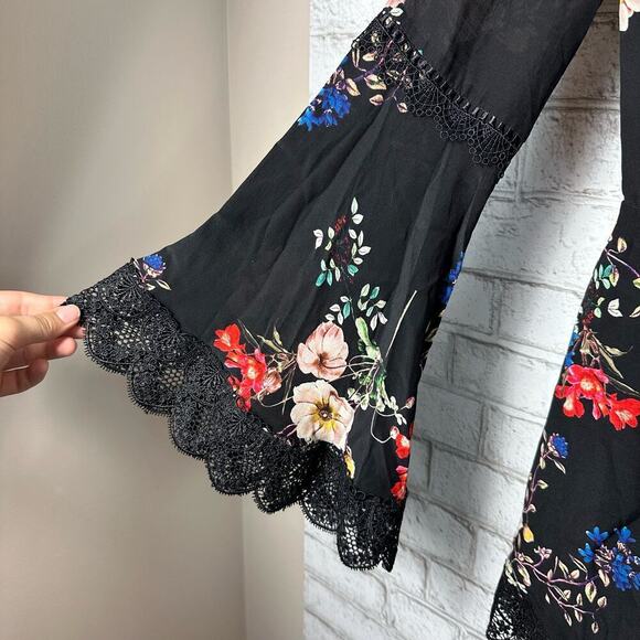 Nicholas Romper Cecile Floral Silk Crochet Lace Bell Sleeve Black White Red 6 - Picture 6 of 14